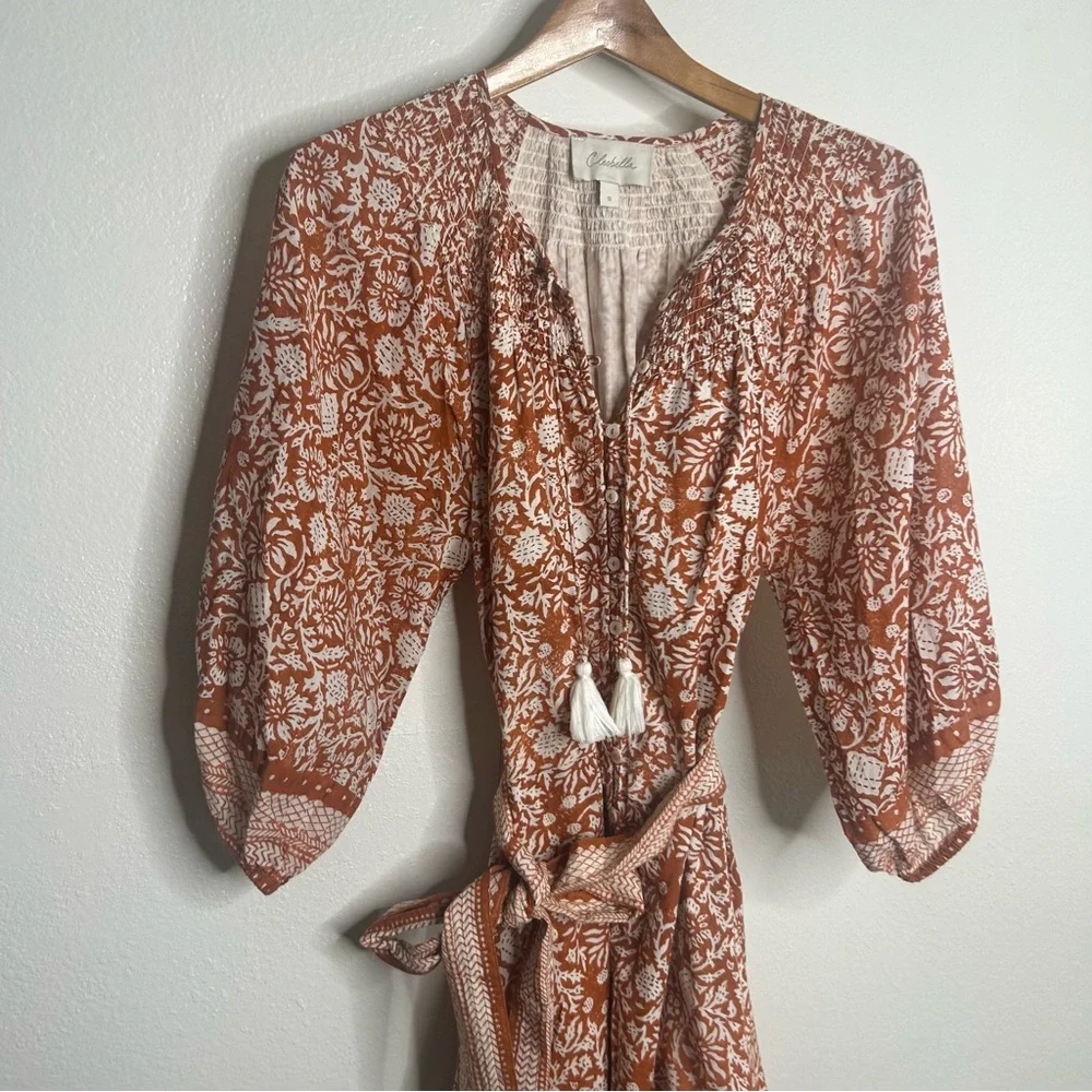 Cleobella Organic Cotton Belted Puff Sleeve Mini Dress Orange Floral Vivian S